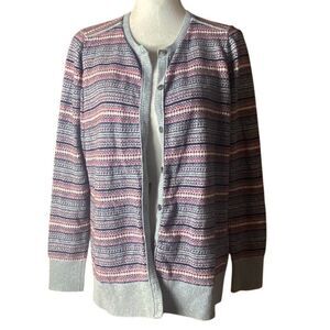 L.L. Bean Womens Gray Fair Isle Striped Cotton Cashmere Cardigan Sweater Large